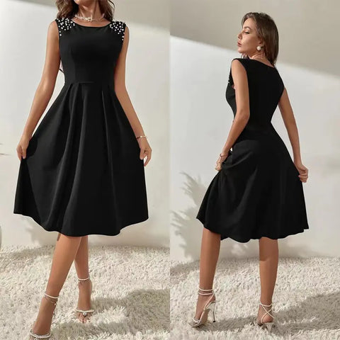 Slim Fitting Round Neck Studded Sleeveless Dress for Women