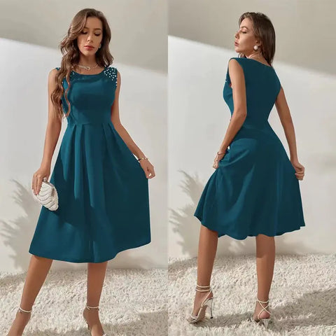 Slim Fitting Round Neck Studded Sleeveless Dress for Women