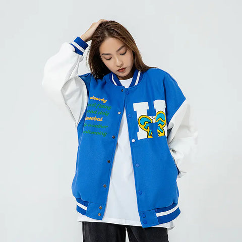 Embroidered Color Matching Couple Baseball Jacket