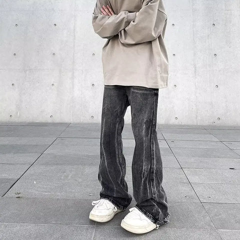 American Street Style Washed Distressed Wide Leg Jeans