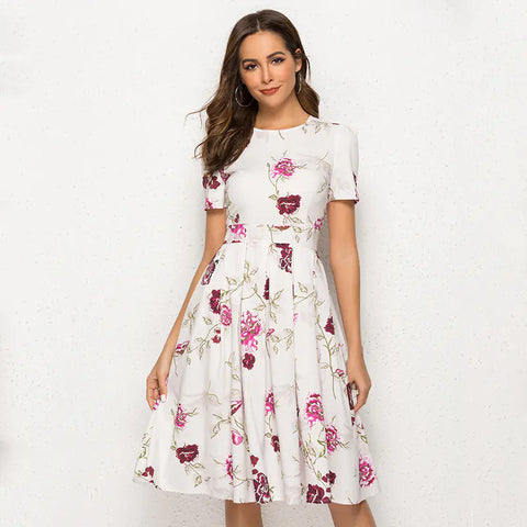 Summer Women's A-Line Floral Print Dress (Short Sleeve)