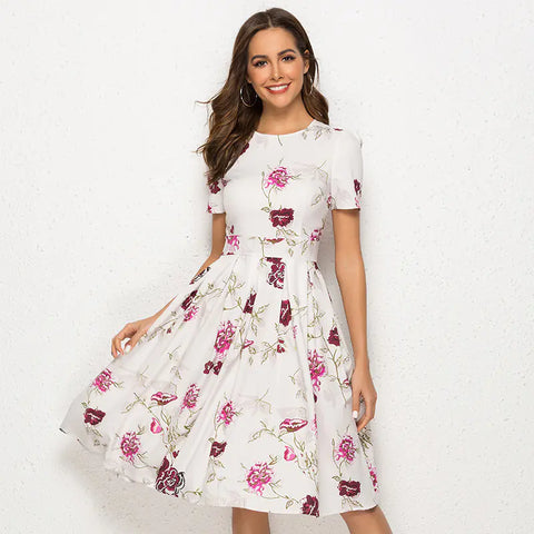 Summer Women's A-Line Floral Print Dress (Short Sleeve)
