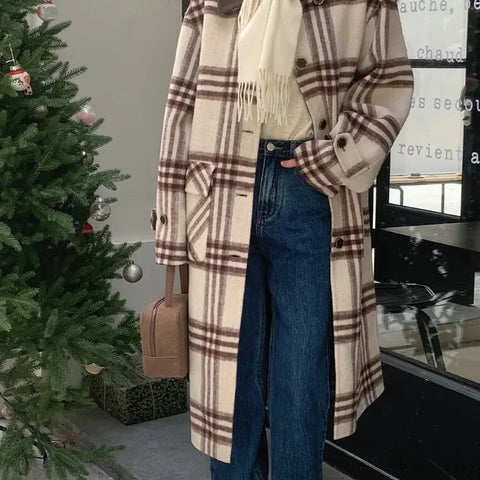 Plaid Slim Fit Long Sleeve Wool Coat